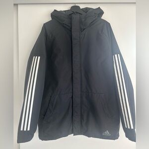 MEN’s adidas Black Hooded boxy Puffer Jacket with White Sleeve Stripes